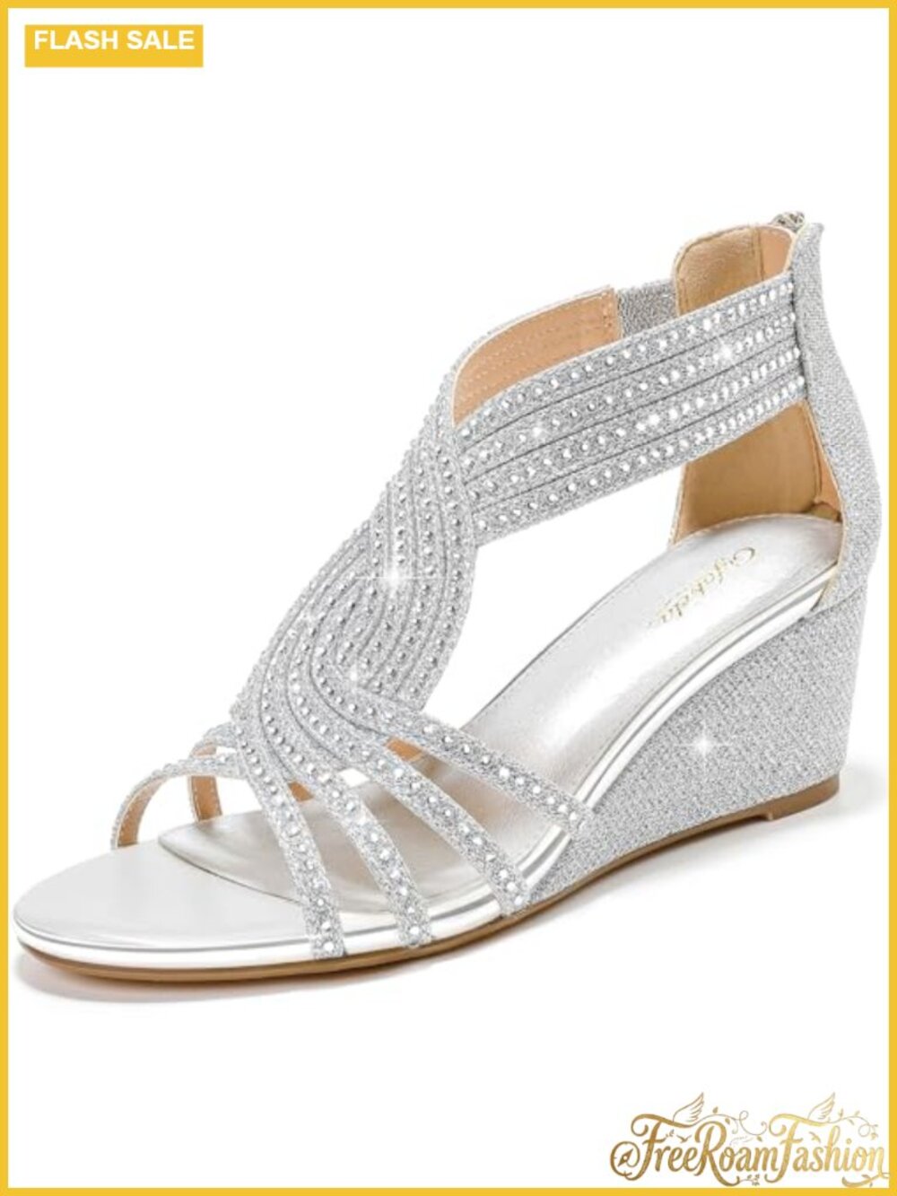 Rhinestone Wedge Sandals Zip Ankle Strap Open Toe Dressy Party